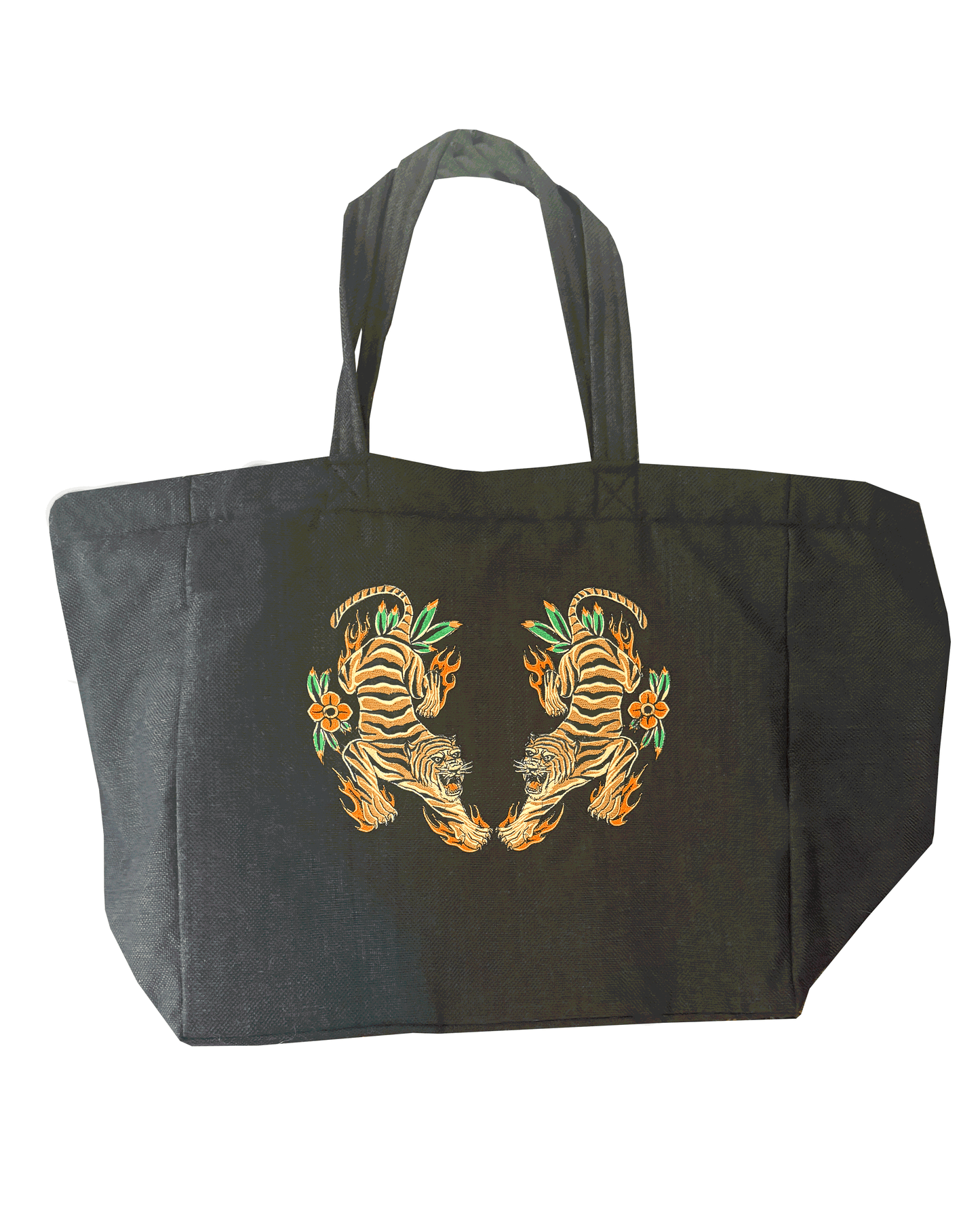 Abaca Tiger Embroidered XXL Tote Bag-Col. Black