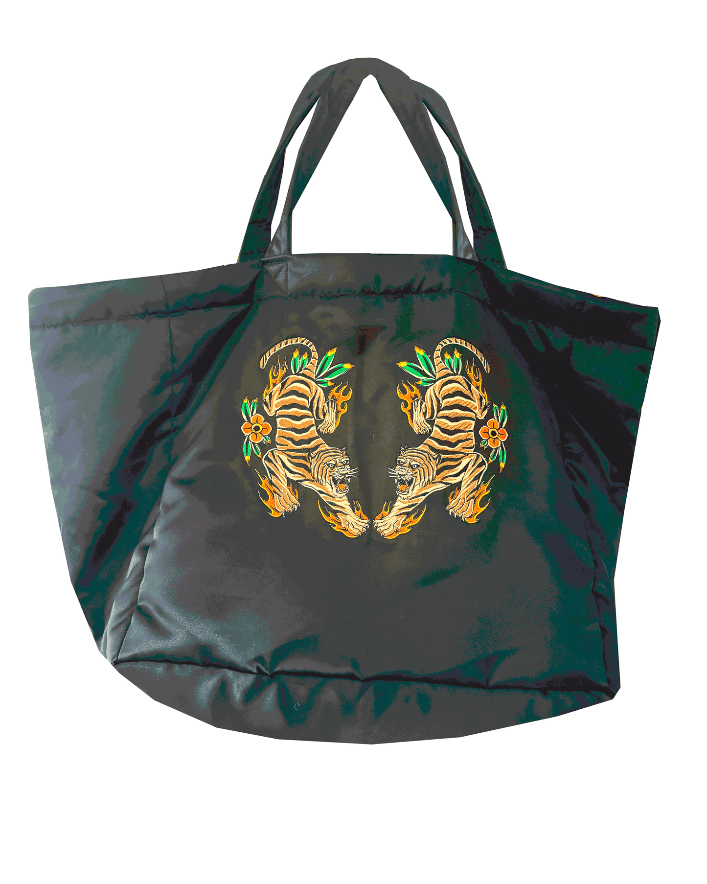 Vintage Satin Tiger Embroidered XXL Tote Bag-Col. Black