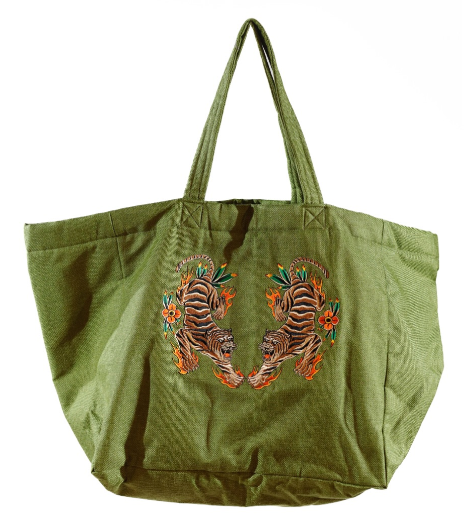 Abaca Tiger Embroidered XXL Tote Bag-Col. Olive