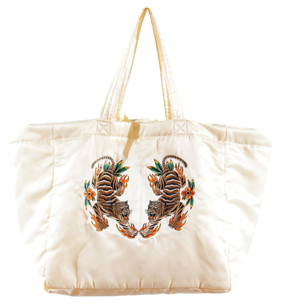 Vintage Satin Tiger Embroidered XXL Tote Bag-Col. White
