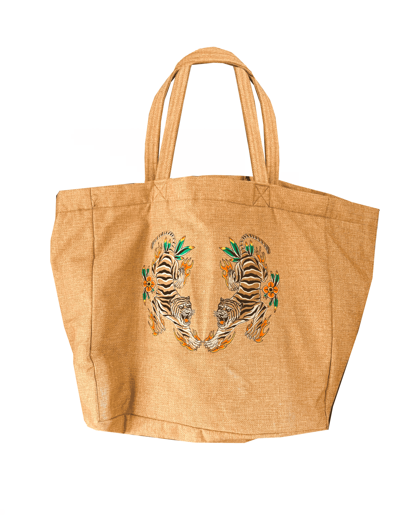 Abaca Tiger Embroidered XXL Tote Bag-Col. Beige