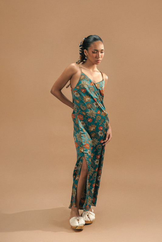 Bali Silk Mix Slip Dress – Teal Floral