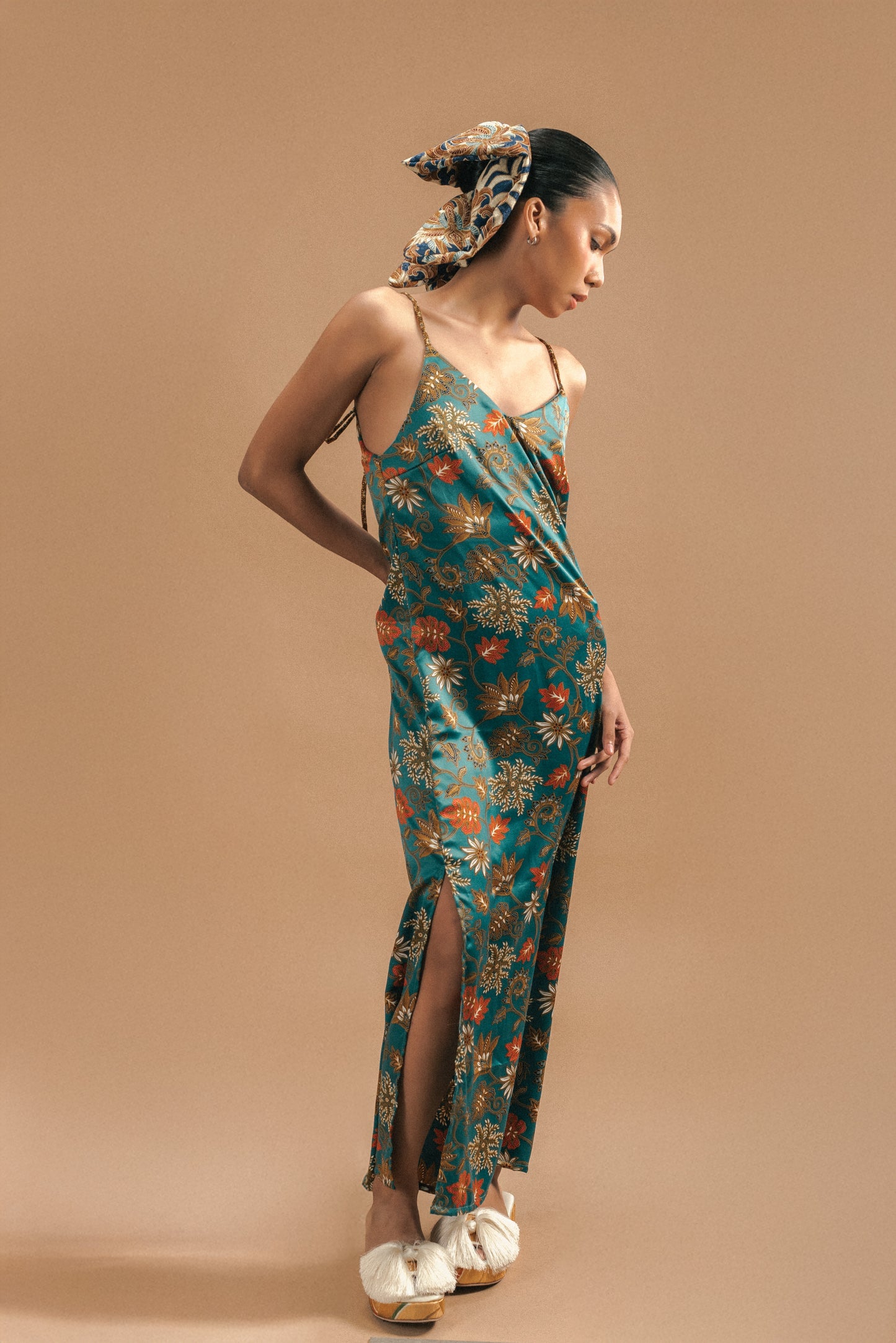 Bali Silk Mix Slip Dress – Teal Floral